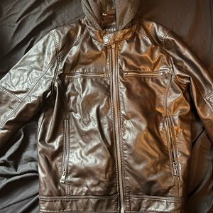 Large Guess Brown Leather Jacket with hoodie